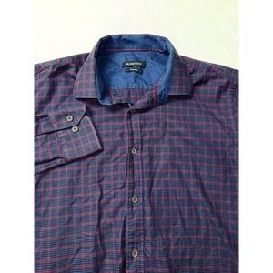 Men Bugatchi Shaped Fit Large Plaid Button Down Shirt Blue Red Long Sleeve